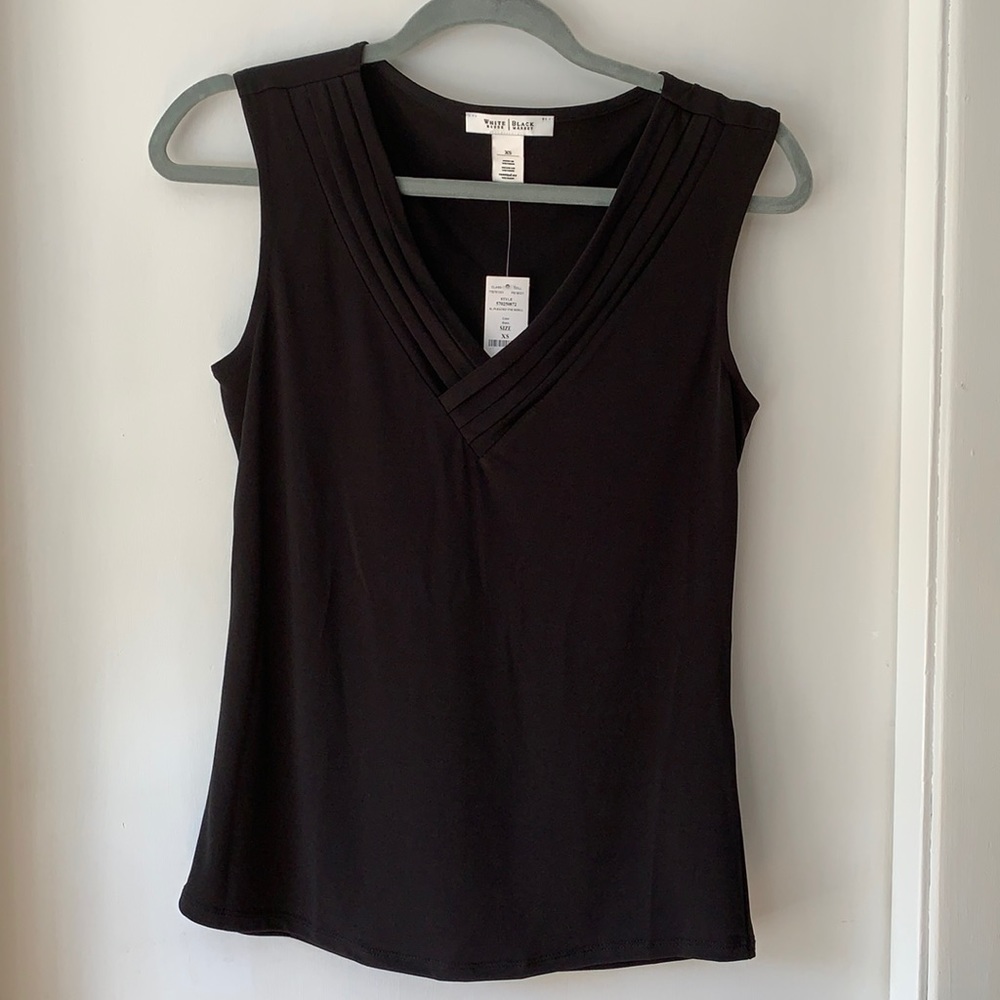 Black tank top with pleated detailing at the neckline